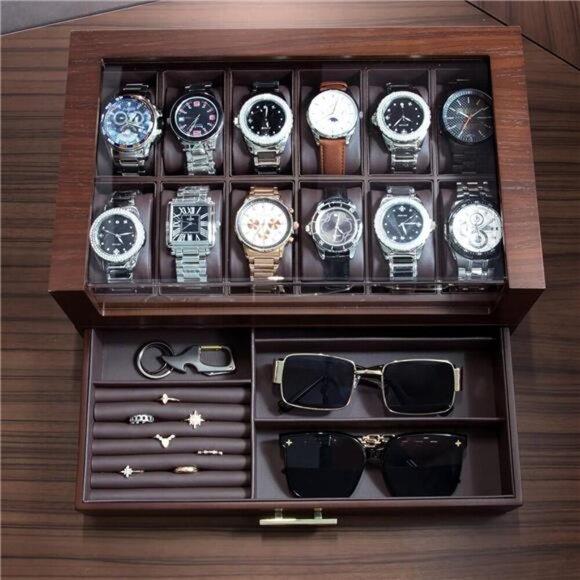 Luxury Wooden Watch Box 12 Slot Display Case With Drawer For Men Jewelry - Picture 4 of 7